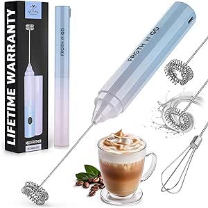 Zulay Kitchen Powerful Rechargeable Milk Frother with Case - Froth N Go Compact Handheld Foam Maker for Lattes - Travel Electric Whisk Drink Mixer for Coffee - 3 Whisk Attachments - Cloud