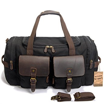 SUVOM Leather Overnight Duffle Bag Canvas Travel Tote Duffel Weekend Bag Luggage