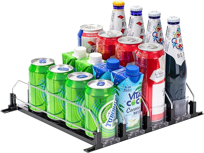 Drink Organizer for Fridge, Self-Pushing Soda Can Organizer for Counter Refrigerator, Width Adjustable Pusher Glide, Black, 12”depth-4rows