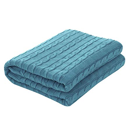 uxcell Knitted Blanket, 100% Cotton Knit Throw Blanket, Extra Soft and Breathable Knitted Throw Blanket for Sofa and Couch, 30" x 40", Teal Blue