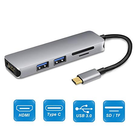 Type C Hub, USB C Hub with HDMI, 2*USB 3.0 Ports, SD&TF Card Reader, Aluminum USB C Adapter for MacBook Pro 2016/2017 and Other Type-C Devices