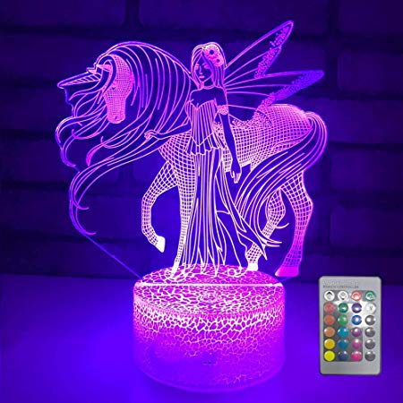 Night Light 16 Colors Changing 3D Optical Illusion Bedside Lamps with Remote Best Gift Idea for Kids Room Décor or Birthday Gifts for Girls Women (Unicorn New)