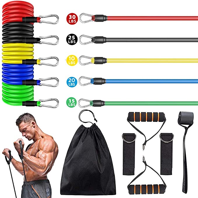 AIRIVO Resistance Bands Set (11 pcs), Elastic Workout Bands with Handles, Door Anchor, Foot Ring - Men Women Portable Home Exercise Accessories, Training, Physical Therapy Yoga Pilates