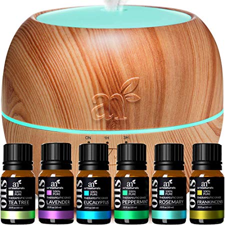 ArtNaturals Aromatherapy Essential Oil and Diffuser Gift Set - (400ml Tank & Top 6 Oils) - Peppermint, Tee Tree, Lavender & Eucalyptus - Auto Shut-off and 7 Color LED Lights – Therapeutic Grade