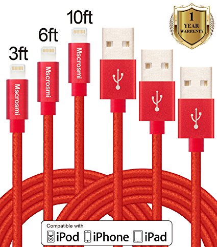 Mscrosmi Lightning Cable 3FT 6FT 10FT Nylon Braided Lightning to USB Cable for iPhone 7 / 7Plus / 6s Plus / 6 Plus / 5s / 5c / 5, iPad Air / Air 2 / Pro, iPad (red)