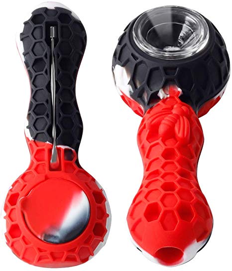 Unbreakable Honey Silicone Straw Pipe with Cleaner Cover and Decorative Bowl Interior (Black/Red)