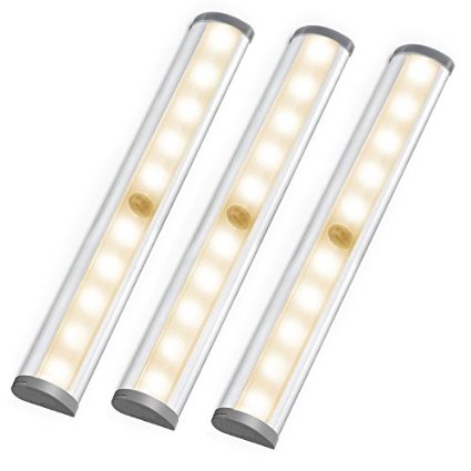 LE® LED Closet Light, Motion Sensing Under Cabinet Lighting, 10-led Wireless Stick-on Anywhere Stair Lights, LED Light Bar with Magnetic Strip, Battery Operated, 3000K Warm White, Silver, 3-Pack