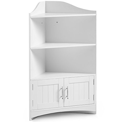 VonHaus Bathroom Corner Shelves Storage Cabinet Unit with 2 Doors and Chrome Handles - Classic White Floor Standing Furniture (Includes All Hardware)