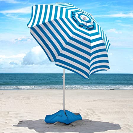 Beach Umbrella - 6.5ft Heavy Duty Windproof Tilt Portable Umbrella with Sand Anchor & Sand Bags UPF 50  PU Coating with Carry Bag for Patio and Outdoor - Blue Striped