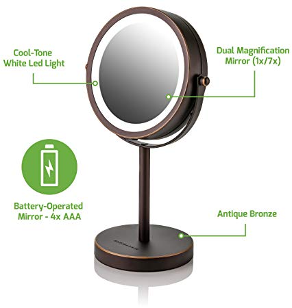 Ovente Lighted Tabletop Makeup Mirror, 6 Inch, Dual-Sided 1x/7x Magnification, Cordless, Operated, Cool-Tone LED Lights, Antique Bronze (MLT60BZ1X7X)