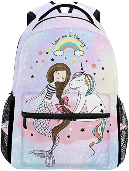 Wamika Mermaid Dab Unicorn Rainbow Stars Kids Backpack School Bookbags Daypack Bags Water Resistant, Mermaid Scales Unicorns Galaxy Bag Mini Children Backpack for 1th- 6th Grade Girls Boys Women