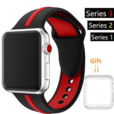 For Apple Watch Band, Acytime Durable Soft Silicone Replacement iWatch Band Sport Style Wrist Strap for Apple Watch Band Series 3 Series 2 Series 1 Sport, Edition (Black / Red, 38mm-S/L)