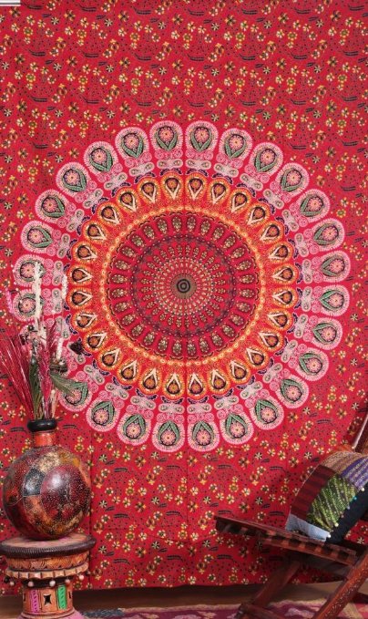 Handicrunch Reddish kaleidoscopic wall hanging - Block print floral Indian Tapestry