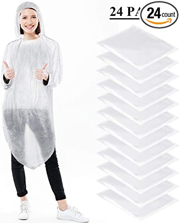 SATINIOR Disposable Rain Ponchos Disposable Emergency Rain Ponchos with Hood Plastic Disposable Raincoat for Adults Men Women Hiking Camping Travel Theme Parks Outdoor (Clear, 24 Pieces)