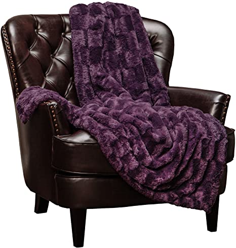 Chanasya Fuzzy Faux Fur Elegant Rectangular Embossed Throw Blanket - Plush Sherpa Microfiber Purple Blanket for Bed Couch (60x70 Inches) Aubergine