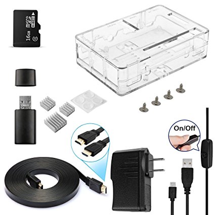 Smraza Super Starter Kit for Raspberry Pi 3 with 16GB SD Card ,Clear Case,5V/2.5APower Supply and Micro USB with On/Off Switch