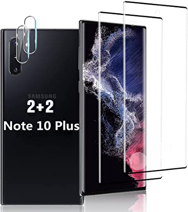 [2 2 Pack ] Galaxy Note 10 Plus Screen Protector with Lens Protector,9H Tempered Glass,Support Fingerprint Unlock,3D Curved, Anti Scratch, HD Bubble Free,for Samsung Galaxy Note 10 Plus 5G (6.8")