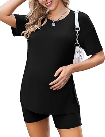 Ekouaer Women's Maternity Pajamas Sets 2 Piece Outfits Short Sleeve Shirts and Biker Shorts Pregnancy Loungewear Mama Clothes