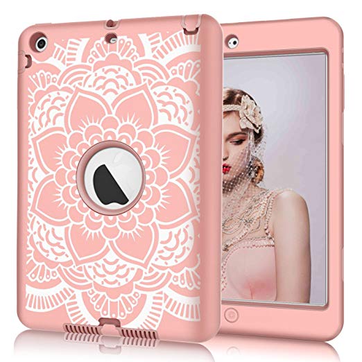 iPad mini/2/3 Case, Hocase Shockproof Hybrid Dual Layer Hard Rubber Protective Case with Cute Flower Design for Apple iPad mini 1st/2nd/3rd gen 7.9-inch - Rose Gold