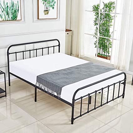 DIMOTE Metal Platform Bed Full Size Mattress Foundation/Box Spring Replacement with Headboard,Five Years Warranty (Black,Full)