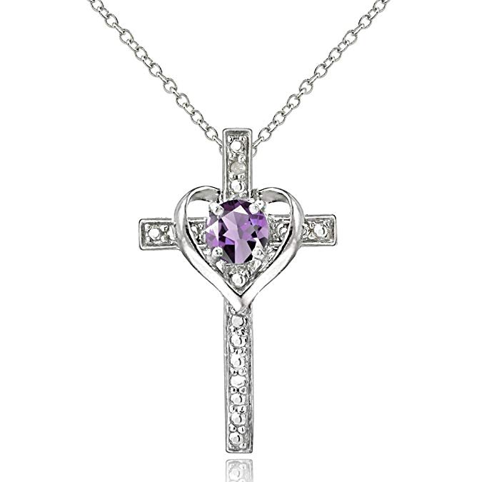 Sterling Silver Gem Cross Heart Pendant Necklace for Girls, Teens or Women