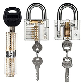 LTC® Practice Lock Set ,Crystal Visible Cutaway of 3 Most Common Lock Types,For Locksmith Training Lock Pick Set with 3 Different Types of Practice Padlock