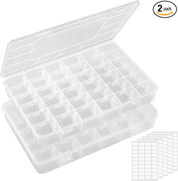 Lifewit 2Pack 36 Grids Clear Stackable Plastic Organizer Storage Box Container with Adjustable Dividers for Beads, Art DIY, Crafts, Jewelry, Fishing Tackle with 5 Sheet Label Stickers