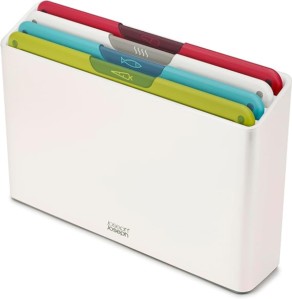 Joseph Joseph Folio Icon,  4-Piece Colour coded Chopping Board Set, Slimline Case for Organised Kitchen Storage - Regular, White