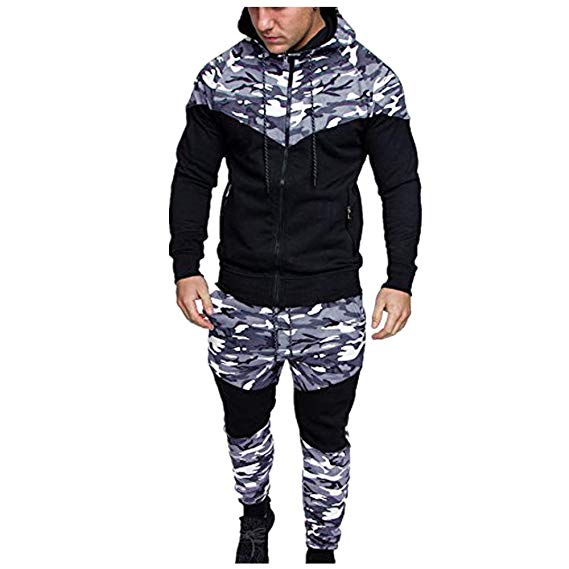 WOCACHI Mens Tracksuit 2PC Set Patchwork Sweatshirt Jogger Sweatpants Solid Hooded Sports Suit