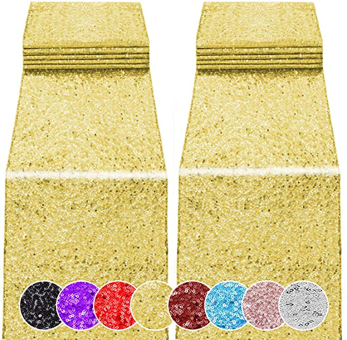 2 Pack 12 x 108 inches Sequin Table Runner for Birthday Wedding Bridal Shower Baby Shower Bachelorette Holiday Celebration Party Decorations Tables Supplies (2, Gold)