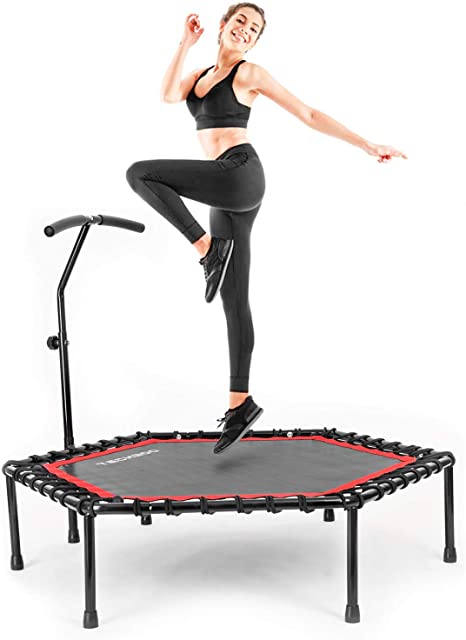 TECHMOO 50" Mini Trampoline with Adjustable Handrail Bar Silent Cardio Rebounder Jumping Fitness Body Exerciser Portable Unisex Adults Indoor Outdoor Workout Training Equipment