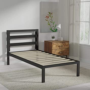 AmazonBasics Metal Bed with Modern Industrial Design Headboard - 14 Inch Height for Under-Bed Storage - Wood Slats - Easy Assemble, Twin