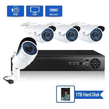 JOOAN TC-703NVR POE 4CH NVR 720P HD Security ip Camera System Surveillance Network Camera System Night Vision - with 1TB Hard Drive