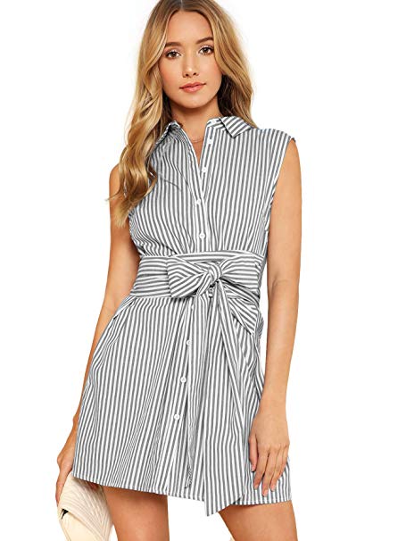 Romwe Women's Cute Striped Belted Button up Collar Summer Short Shirt Dress