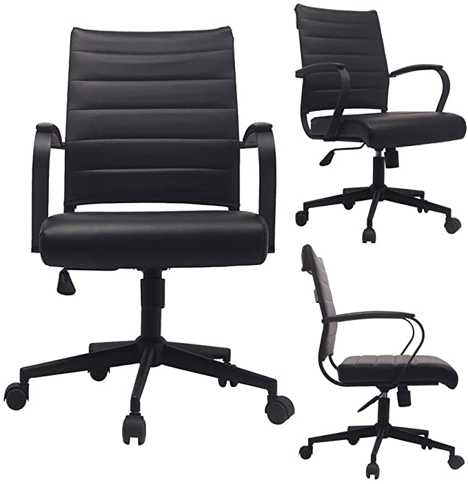 2xhome - Black- Modern Mid Back Ribbed PU Leather Swivel Tilt Adjustable Chair Designer Boss Executive Management Manager Office Chair Conference Room Work Task Computer … (All Black)