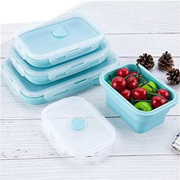 MYKUJA Collapsible Silicone Food Storage Containers-Set of 3 Lunch Bento Boxes Green Silicone Lunch Box Dishwasher Folding Lunch Box Collapsible Meal Prep Container 350/500/800ML Pink/Blue