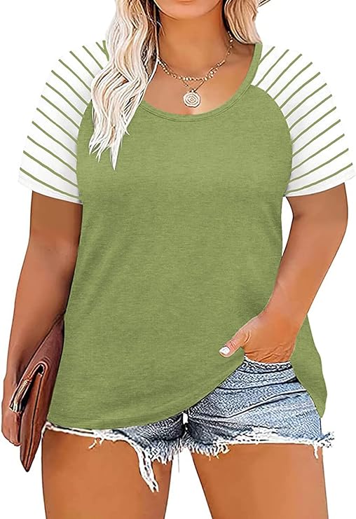 DOLNINE Women's Plus Size Tops Striped Raglan Tee Shirts Casual Tunics Blouses