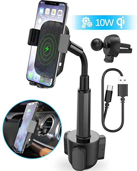 Wireless Car Charger, Squish 2-in-1 Universal Cell Phone Holder Cup Holder Phone Mount Car Air Vent Holder for iPhone, Samsung, Moto, Huawei, Nokia, LG, Smartphones (12.1 inches)