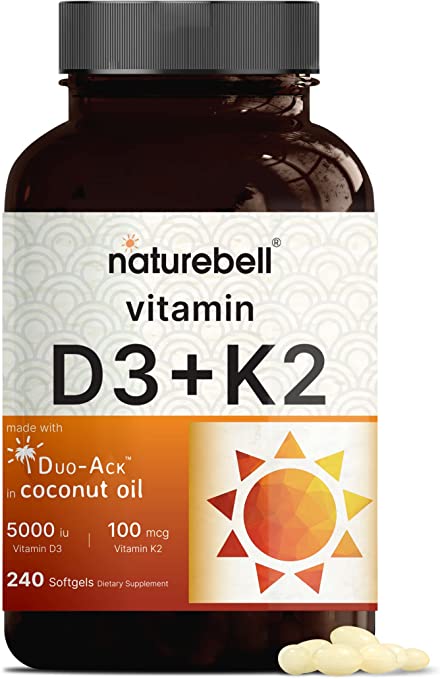 Naturebell D3 K2 Vitamin 5000 IU, 8 Months Supply, 240 Softgels, Infused with Virgin Coconut Oil, Duo-Ack D3 5000 IU | K2 MK7 100mcg, Third Party Tested | Non-GMO | No Gluten