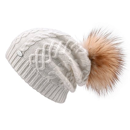 SOMALER Womens Winter Beanie Hats For Women Knit Beanie With Real Fur Pom Pom Ski Caps