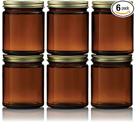 Amber Glass Jars 8 Ounce for Candle Making Straight Side For DIY Projects, Herbs, Homemade Cosmetics, Decorating, Storing, Overnight Oats, Meal Prep, Wedding Favors, Great For Daily Vitamins (6)