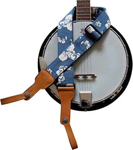 MUSIC FIRST Original Design, 2 inch width (5cm), Hawaii Style “Blue and White Plumeria” Soft Cotton & Genuine Leather Delux Banjo Strap, With 2 pieces of MUSIC FIRST Leather Strap Locker.