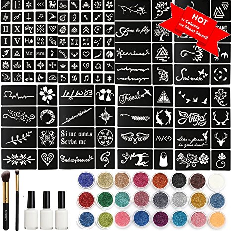 Glitter Tattoo Kit,Temporary Tattoos Face painting Make Up Body Glitter Body Art Design For Kids Teenager Adult,Halloween,With 24 Colour Glitter,108 Sheet Uniquely Themed Tattoo Stencil