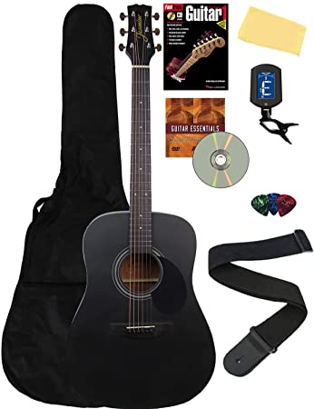 Jasmine S35 Acoustic Guitar - Matte Black Bundle with Gig Bag, Strings, Tuner, Strap, Picks, Instructional Book, DVD, and Austin Bazaar Polishing Cloth