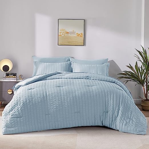 CozyLux Queen Seersucker Comforter Set with Sheets Light Blue Bed in a Bag 7-Pieces All Season Bedding Sets with Comforter, Pillow Sham, Flat Sheet, Fitted Sheet, Pillowcase