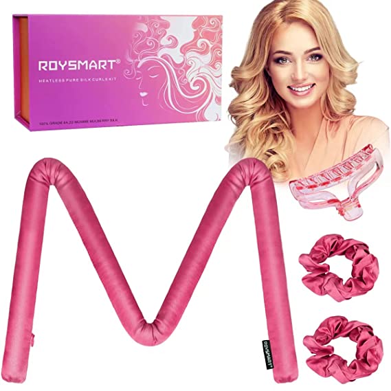 Heatless Hair Curlers Curling Rod Headband - 100% Silk Heatless Curling Rod Headband - No Heat Hair Curls Ribbon Rollers For Long Hair - 2 Scrunchies and 1 Hair Clip (Champagne Pink)