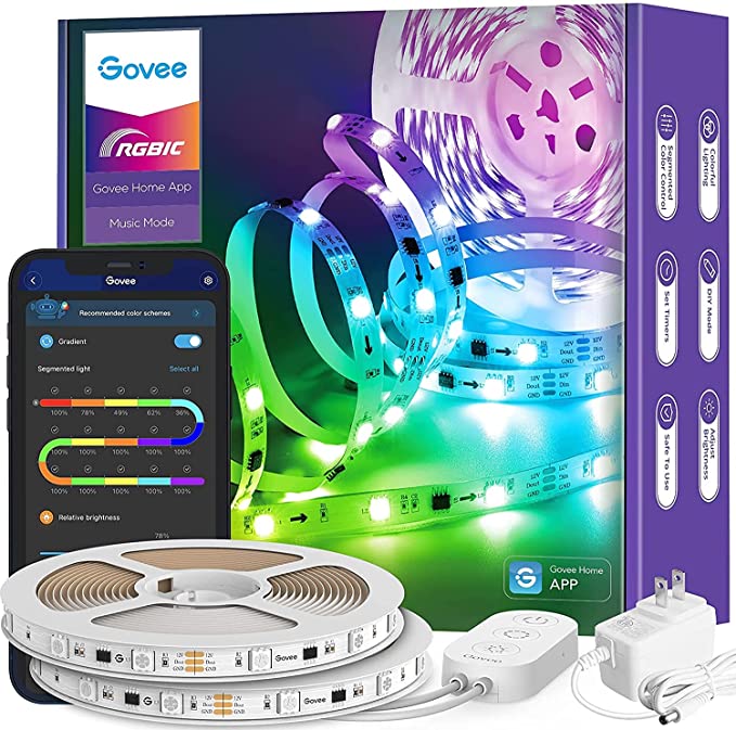 Govee 32.8ft LED Strip Lights RGBIC App Control, Smart LED Strips with Segmented Color Control Intelligent Color Picking, Music Sync LED Lights for Bedroom, Kitchen, Christmas Decor 2 Rolls of 16.4ft