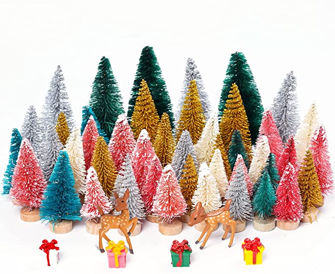 Yookat 51Pcs Mini Pine Trees Artificial Mini Trees with Wood Base Sisal Trees Bottle Brush Trees Assorted Color and Deer Boxes Winter Snow Ornaments for Christmas Decoration (Multicolor-02)