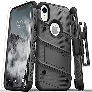 Zizo Bolt Series Compatible with iPhone XR Case Military Grade Drop Tested with Tempered Glass Screen Protector Holster and Kickstand Metal Gray Black