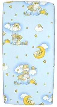 NEW BABY COT SHEET 140x70 120x60 100% COTTON FITTED PRINTED COLOURFUL NURSERY BED (140x70, Teddy Ladder Blue)